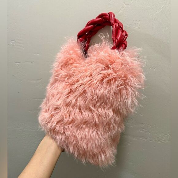 Genuine Curly Lamb Fur Handmade Leather Braided Handles Tote Bag, Crossbody - Picture 8 of 16